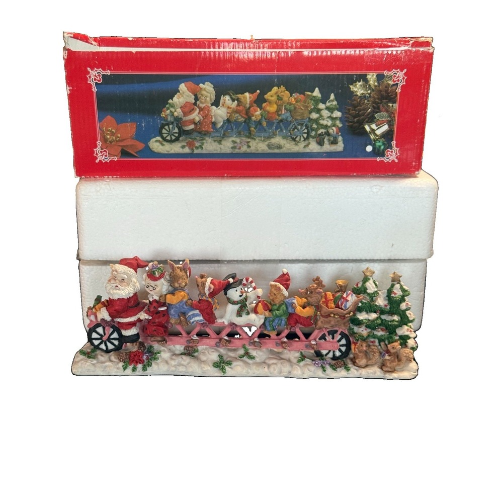 Vintage Santa & Mrs Claus Riding Bicycle Holiday Table Figurine Original Box